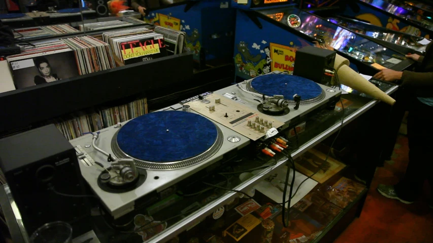 record players and records are lined up together