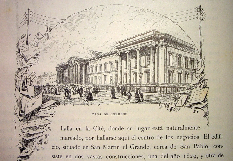 an old historical book with a drawing of a building