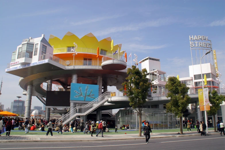 an unusual building with colorful architecture is a public place