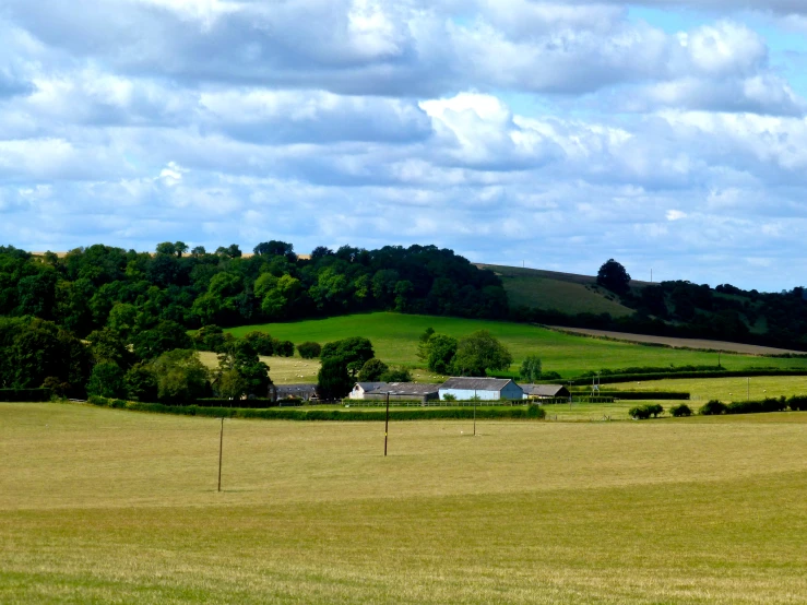 large field with trees and farm buildings in the background