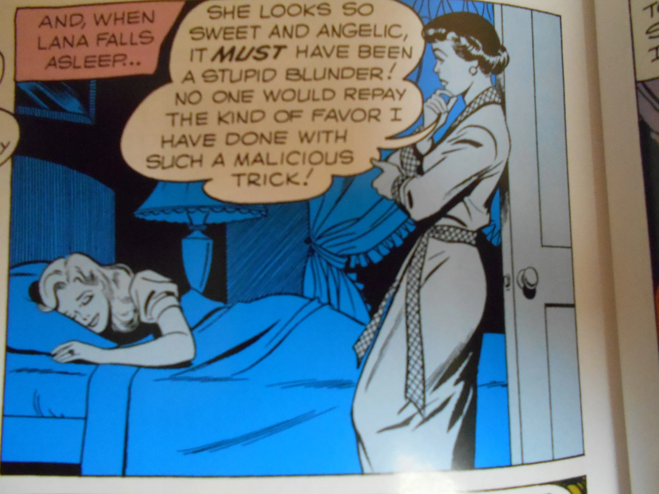 an old comic strip from the 1940s that shows a woman lying in bed while her mom's hand is up next to her chest