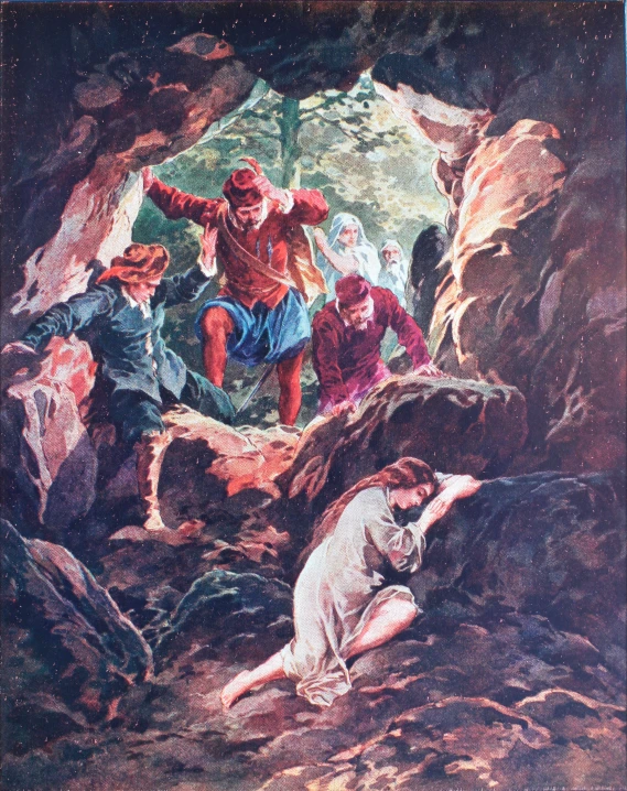 a painting of some men sitting in a cave