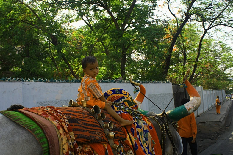 a child in an orange shirt riding on a decorated elephant