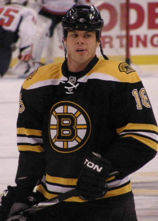 hockey player in yellow and black jersey with an angry look on his face