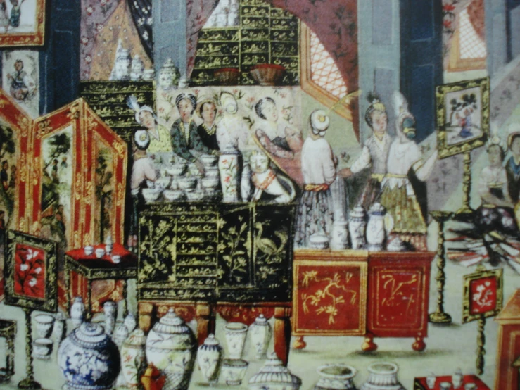 a painting showing people looking at pots