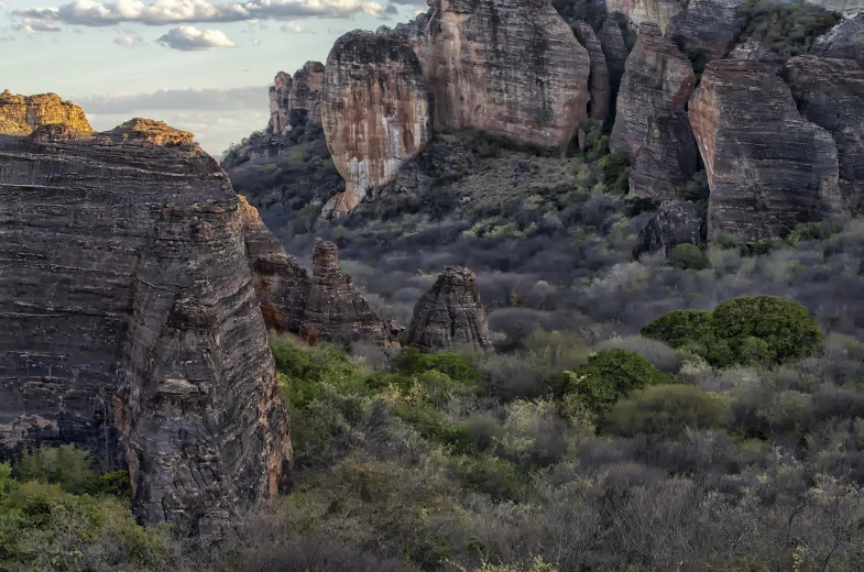 a mountain with very tall rocks, and many trees on either side