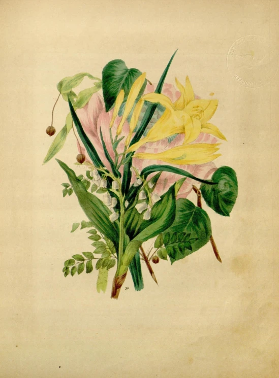 a painting with flowers and green leaves on it