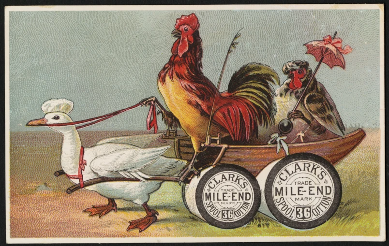 a very old postcard depicting chickens and a dog with wheelbarrows