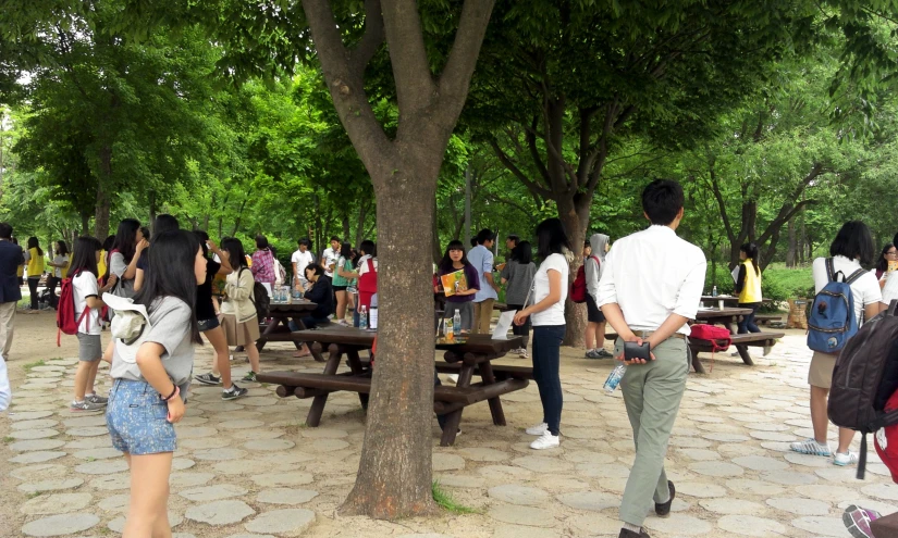 people walking around a public park and eating on picnic tables