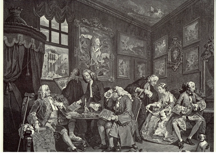 a black and white drawing of people in a room