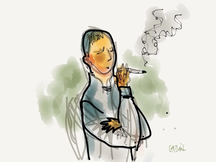 a drawing of a man smoking a cigarette