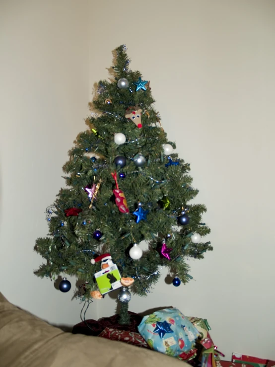 a small christmas tree is shown in a living room