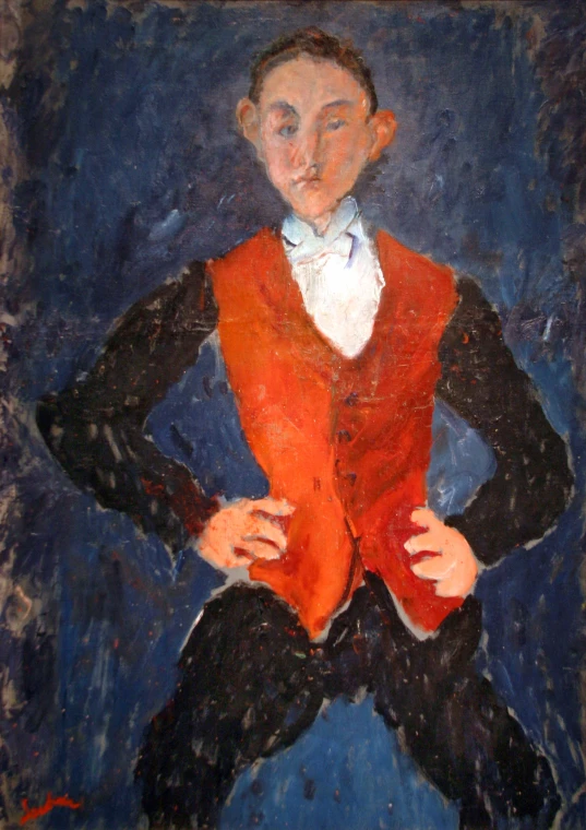 painting of  in jacket with collar sitting on blue surface