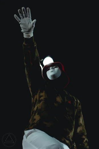a person dressed in camouflage holds up a white light in the dark