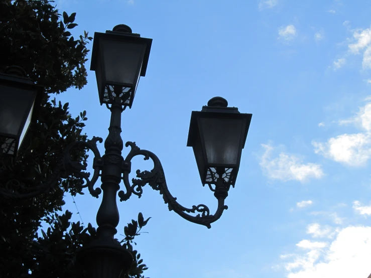 an old fashion light fixture in front of a tree