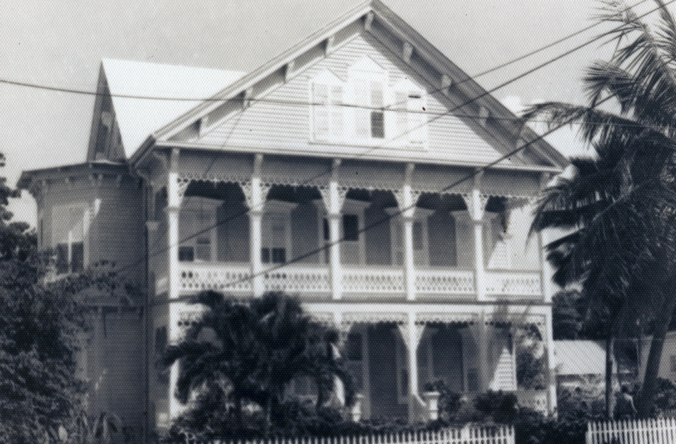 this is an old fashioned house with palm trees