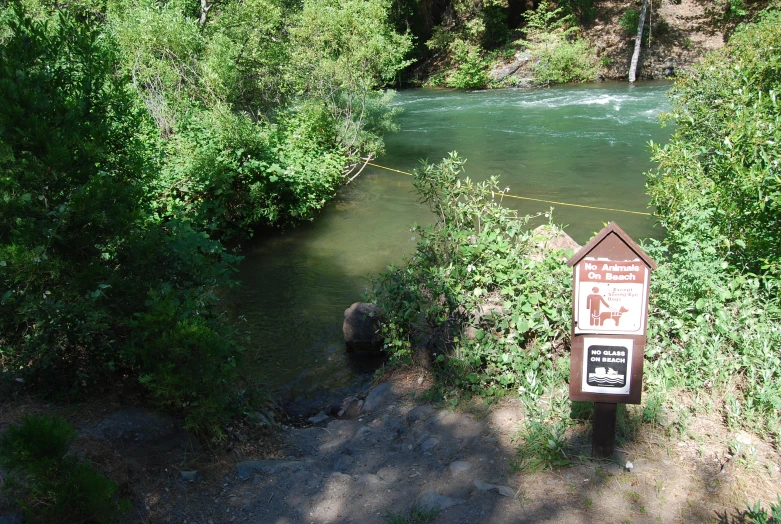 a sign and some trees near a river