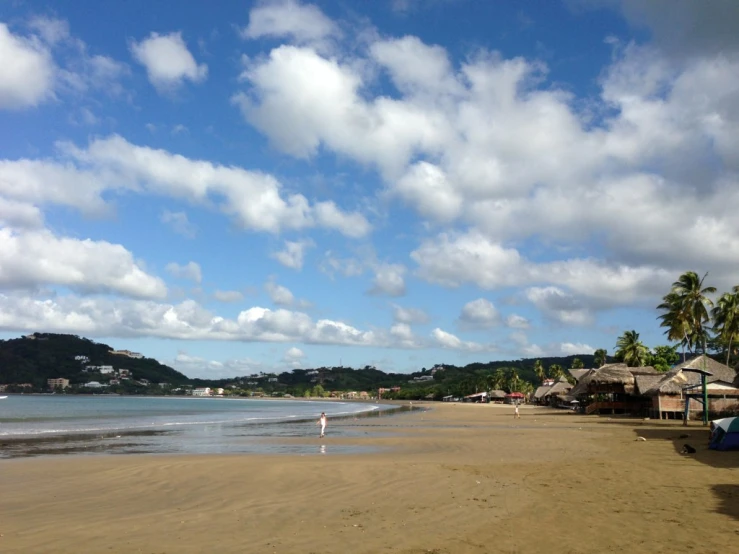 a sandy beach with thatched roofed huts and palm trees