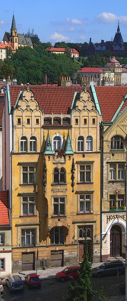 many buildings with red roofs line the hillside