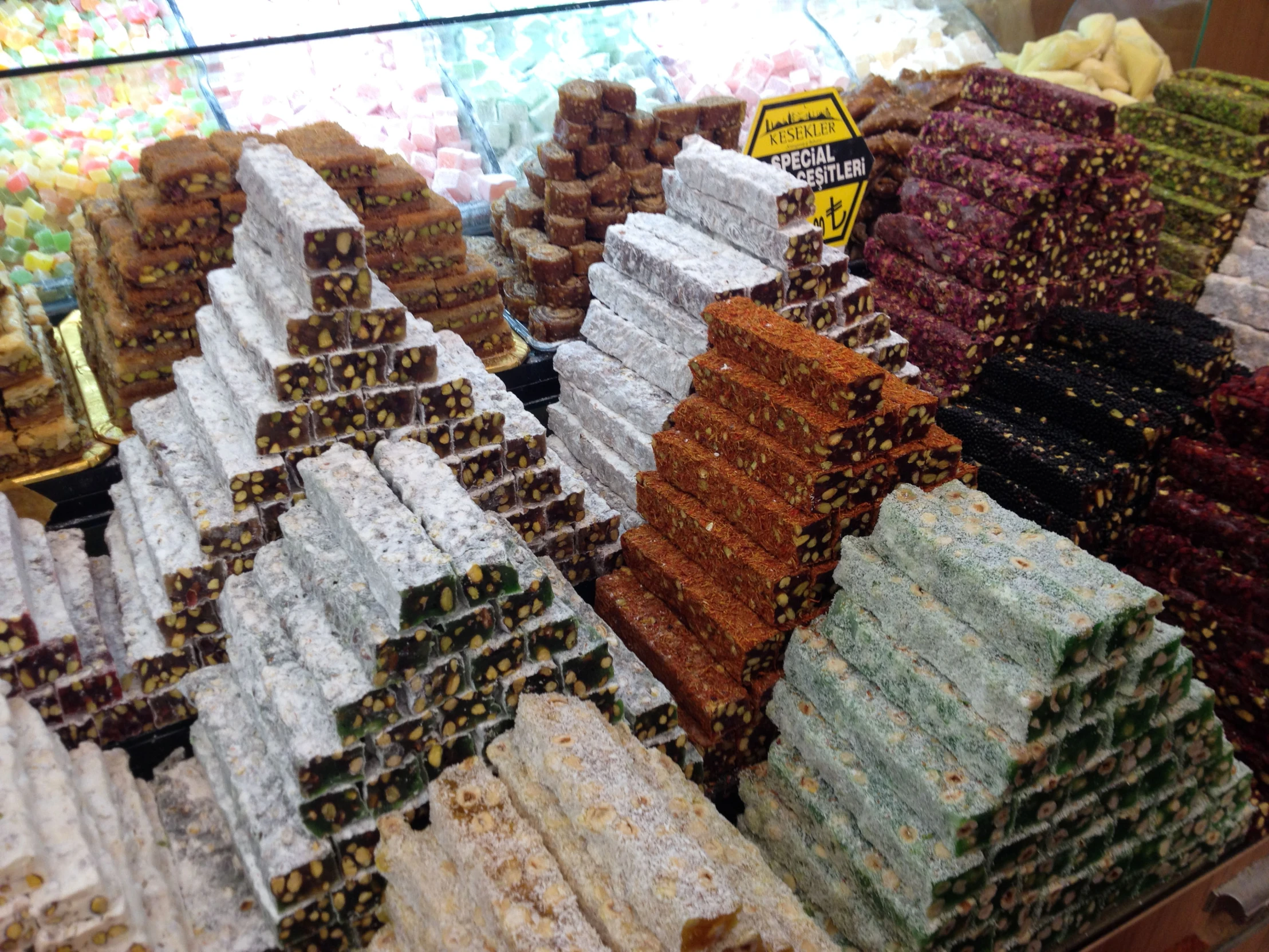 a display filled with lots of different foods