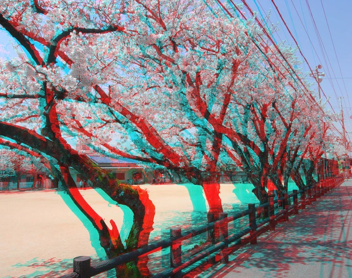 3d view of trees on the road next to a fence