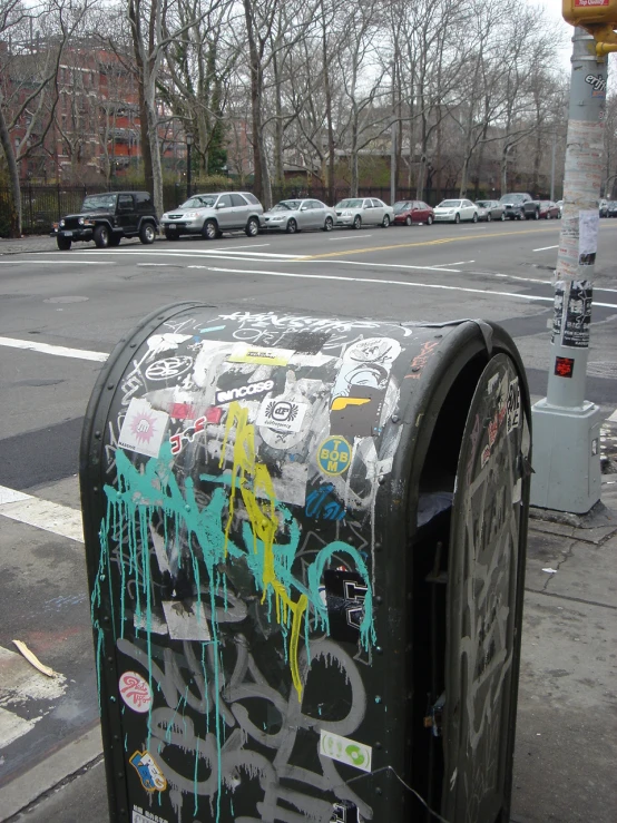 a bunch of graffiti that is on the side of a mail box