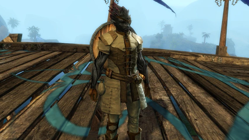 the character standing on the deck is wearing a large helmet