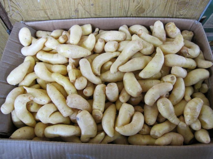 a box filled with small pieces of food on top of a wooden floor