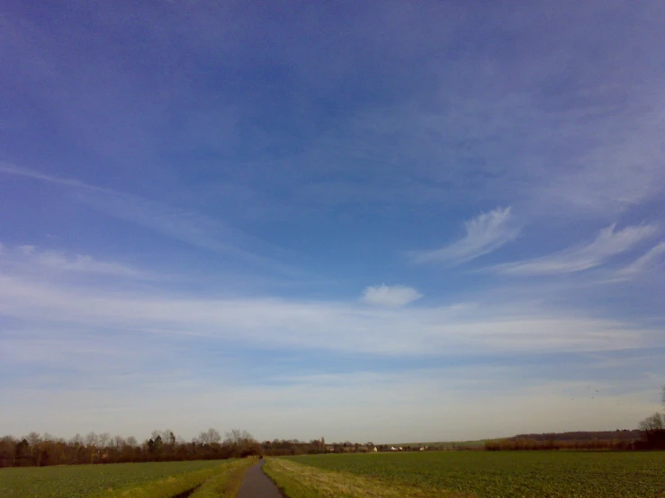 the view from the road as if driving through fields of grass