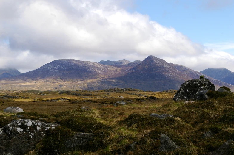 mountain with large rocks surrounded by grass in the foreground