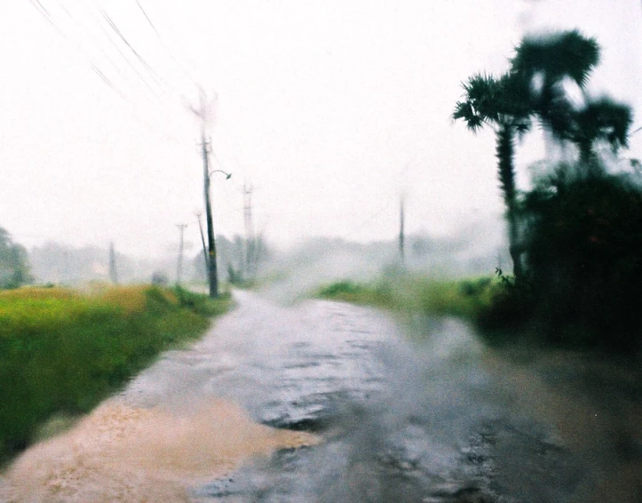 the road is empty and wet from rain