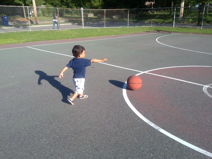 a  throwing a basketball on a school court