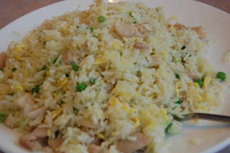 a plate of rice and vegetables with a fork