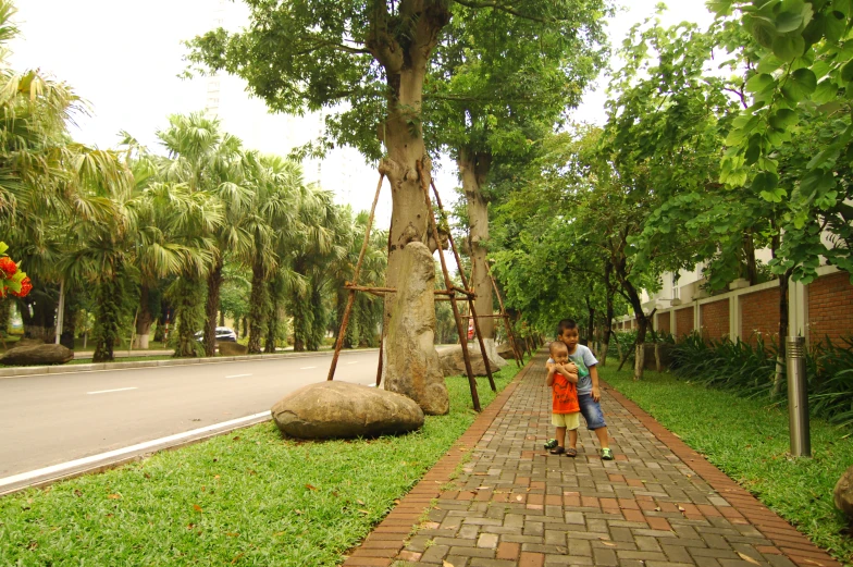 two people stand on a brick path beside a tree
