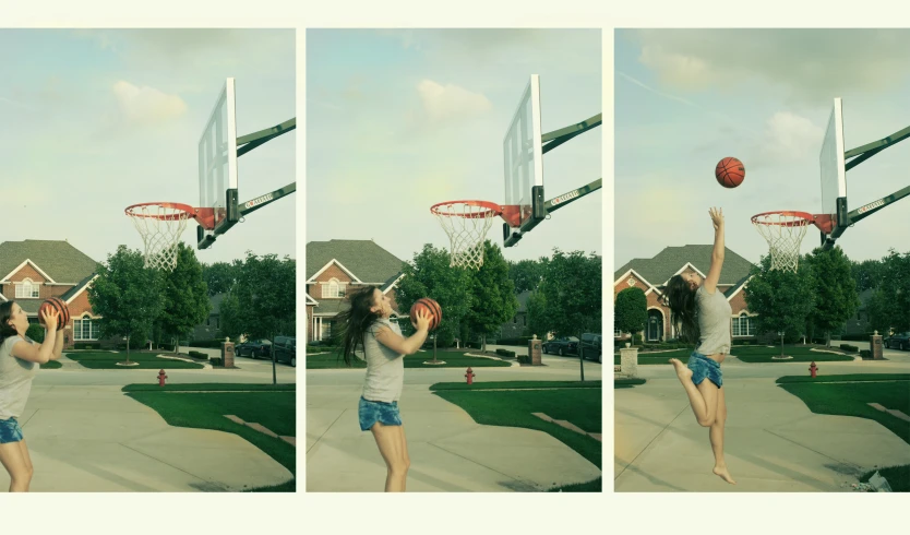 multiple pictures of a girl shooting at a basketball