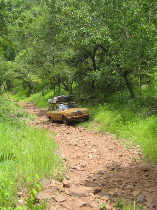 an suv sitting in the middle of a dirt road