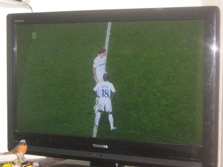 a television screen showing a soccer match on the tv