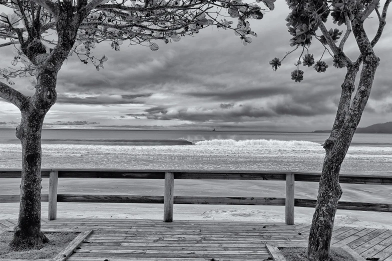 a black and white pograph of a wooden deck