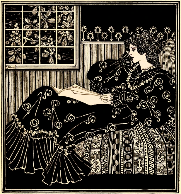 an illustration of a woman in black sitting down