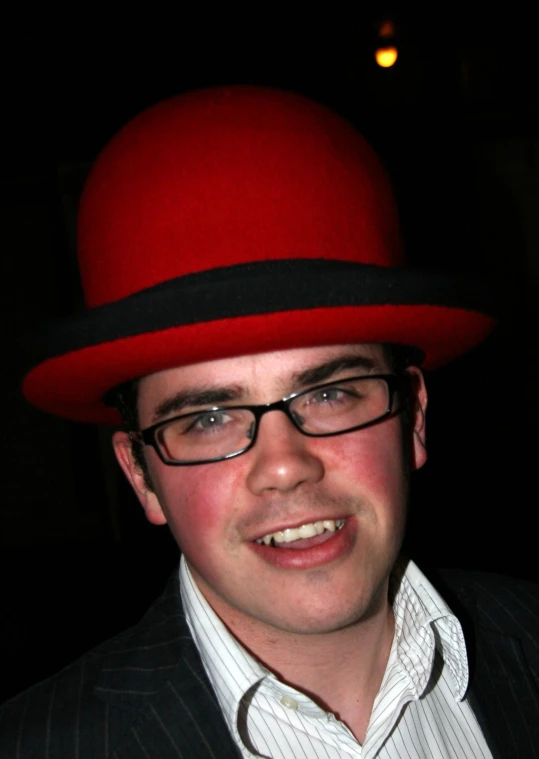 a man in glasses, a top hat, and a jacket