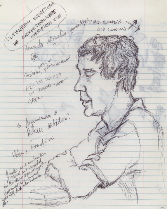 a drawing of a person in front of a bunch of writing
