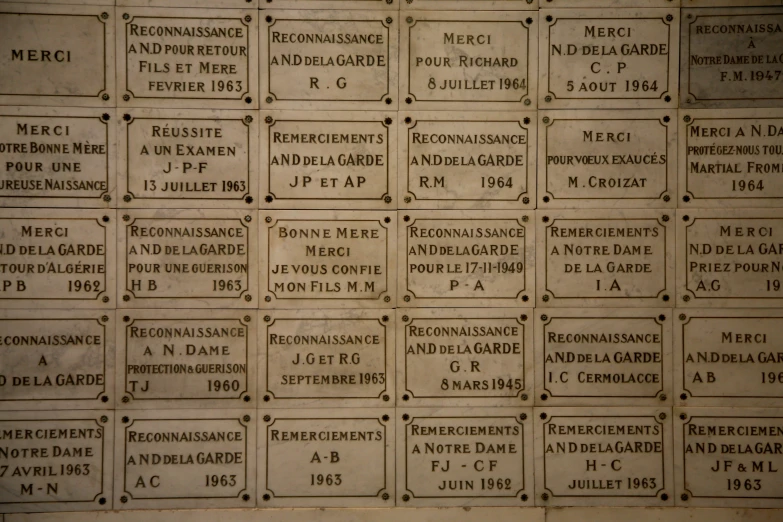 a plaque with different types of stamps and numbers on it