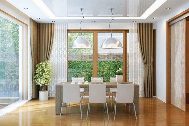 the empty dining room is surrounded by windows