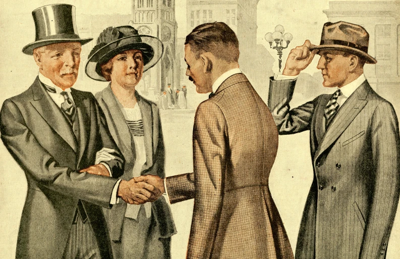 an illustration of three gentlemen standing next to each other, one looking at a hand shake