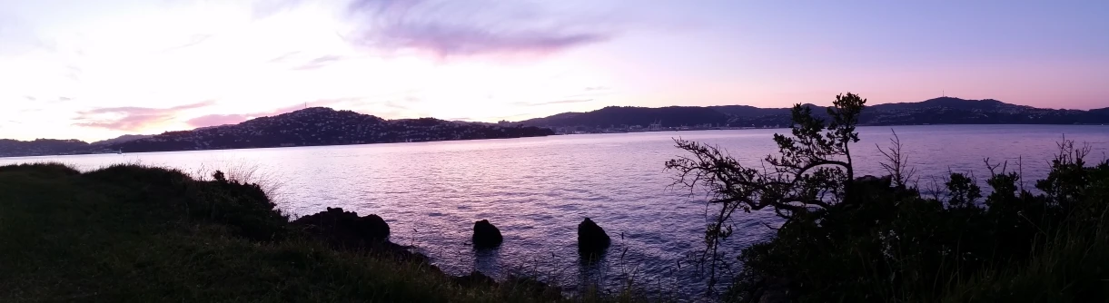 a lake with grass near the shore and mountains