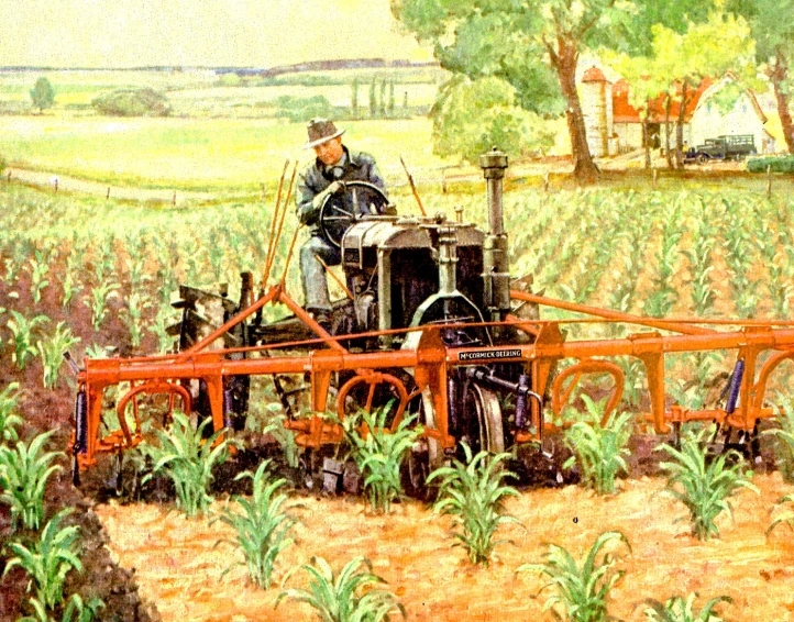 this painting shows a farmer in his field, using an antique tractor