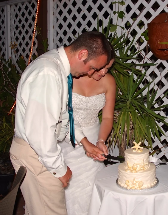 a bride and groom cut into their wedding cake