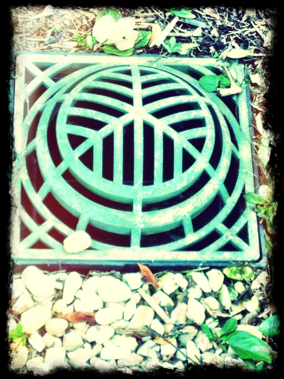 a black iron grate with a circle pattern next to a bed of leaves