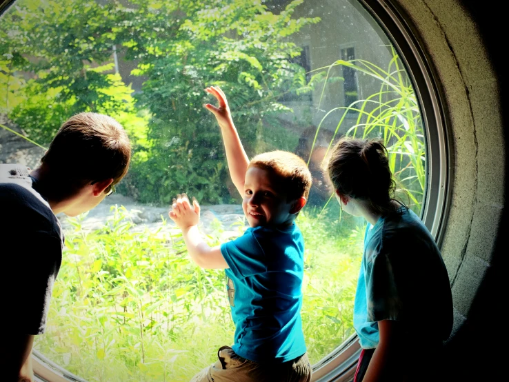 a child is in the window with his arms outstretched