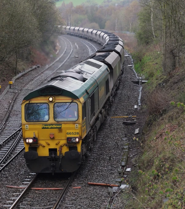 a train driving down the tracks through a forest